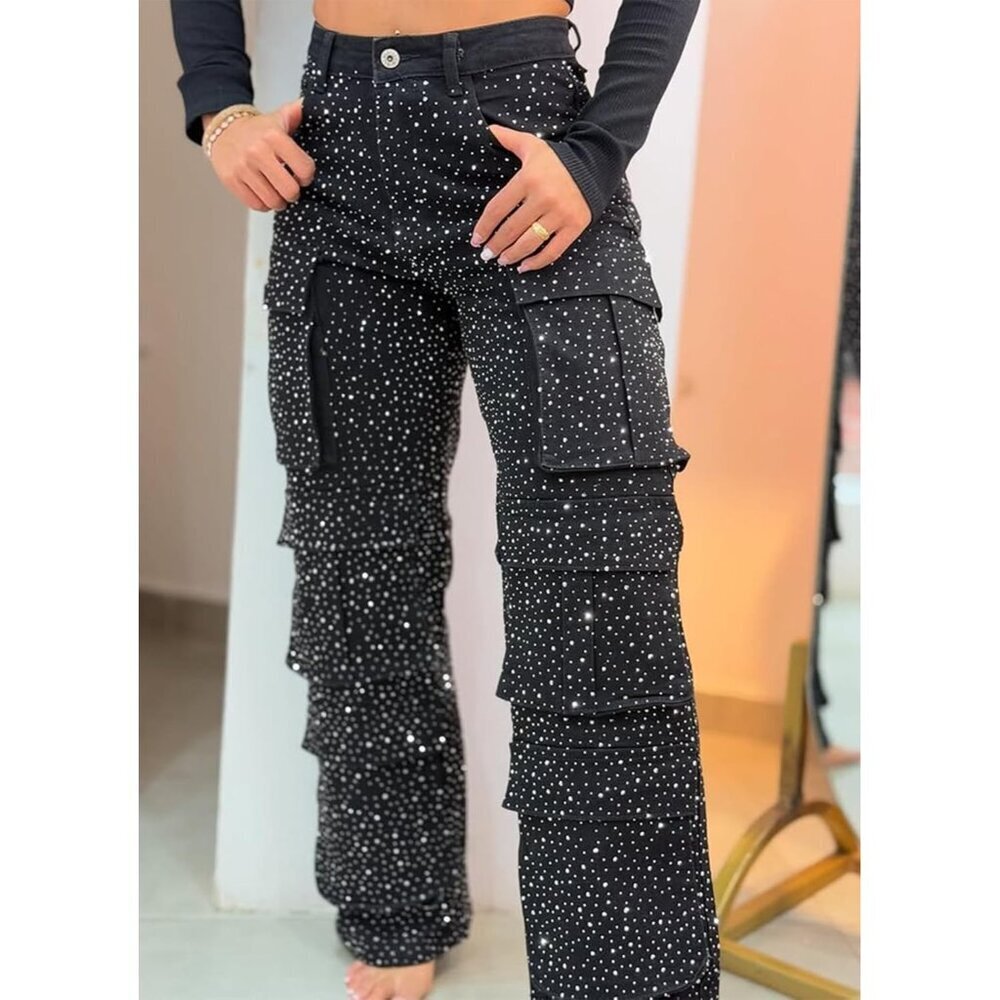 Women's Rhinestone Cargo Jeans High Waist Baggy Wide Leg Denim Pants - Picture 2 of 6
